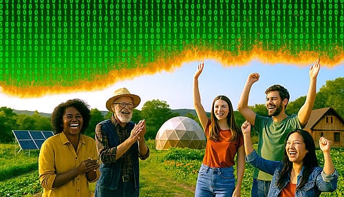 Happy group celebrating sustainability with digital overlay.