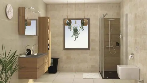Baño moderno con ducha y muebles de madera.