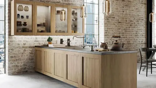Cocina moderna con ladrillos vistos y muebles de madera.
