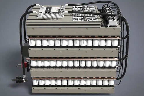 Large industrial battery with multiple stacked cells.