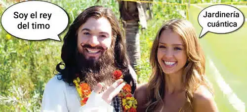 Man and woman with humorous speech bubbles.