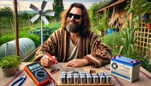 Man assembling DIY solar power generator outdoors.