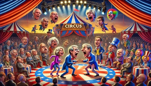 Political caricature debate in circus setting