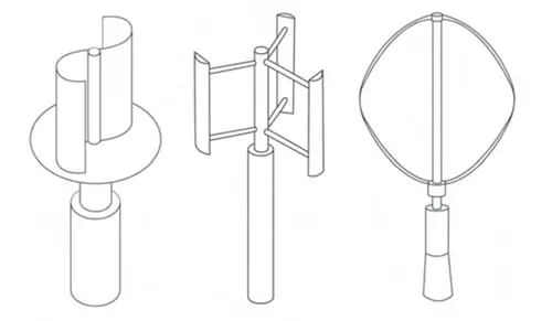 Three vertical axis wind turbine designs illustration.