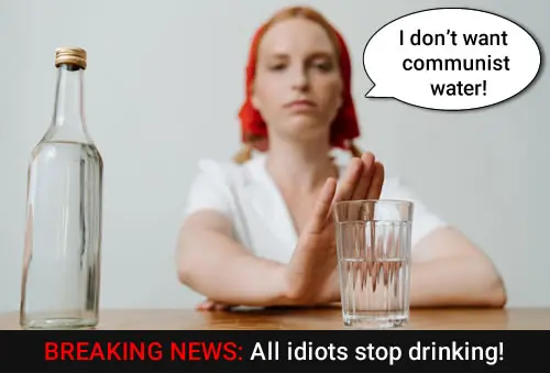 Person rejecting bottled water, labeled communist. Satirical headline.