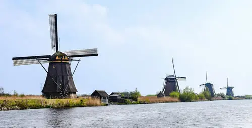 Historic windmills beside a river in the Netherlands.