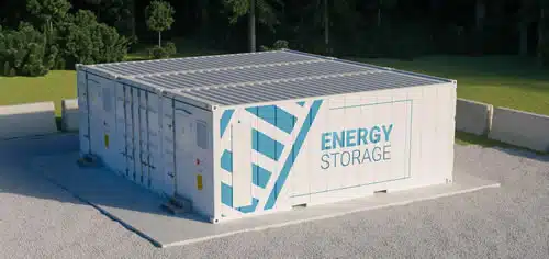 Large container labeled 'Energy Storage' outdoors.