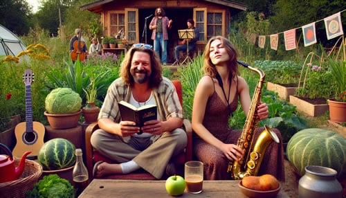 People relaxing with music in a garden.