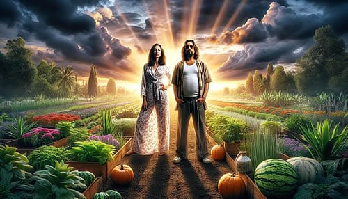 Couple in vibrant garden at sunrise