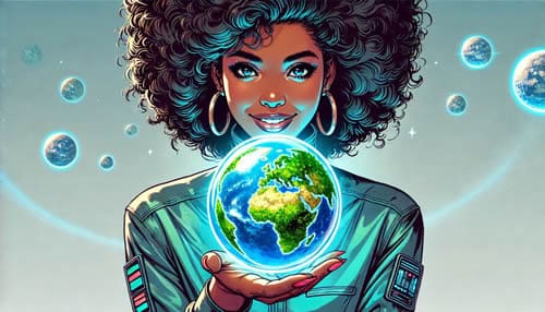 Woman holding Earth surrounded by planets, smiling.