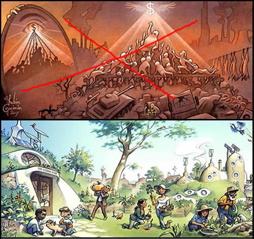 Contrast between industrial society and sustainable living.