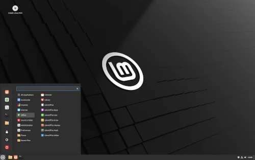 Linux Mint desktop interface with application menu open.