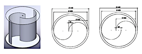 3D cylinder with technical blueprints and measurements.