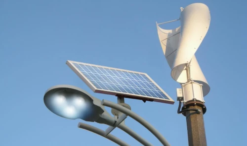Solar panel and wind turbine on streetlight