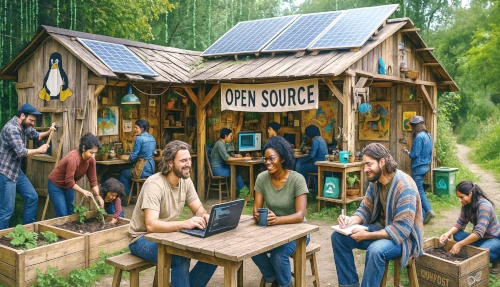 People working collaboratively in open source workspace.