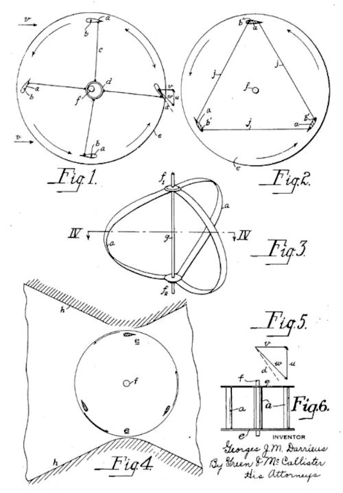 Dessins techniques d'un brevet mécanique historique pour éolienne darrieus
