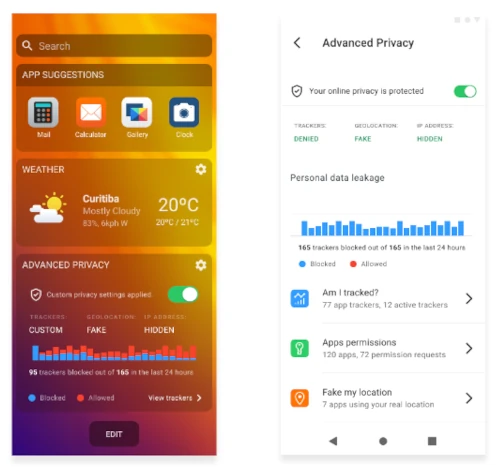 Smartphone privacy app interface with weather widget.