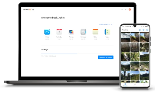 Murena cloud dashboard on laptop and smartphone display.