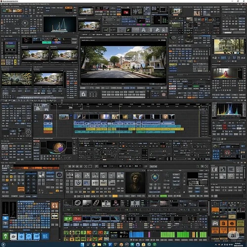 Complex video editing software interface with multiple controls.