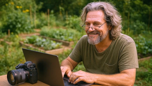 Man with laptop and camera outdoors in garden