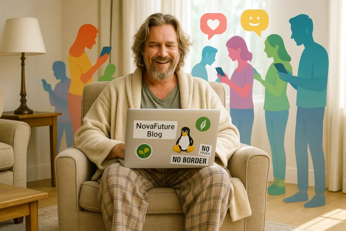 Man blogging with diverse social media users background.