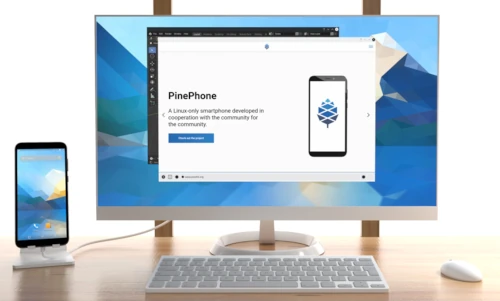 Ordenador mostrando PinePhone, smartphone Linux comunitario.