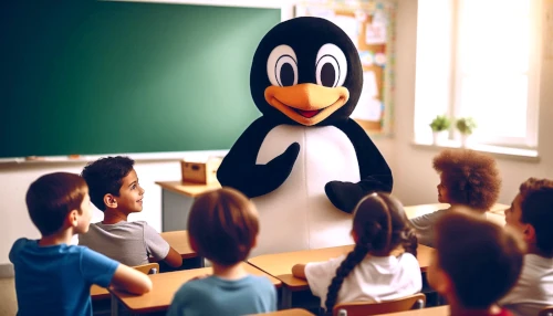 Déguisement de pingouin enseignant des enfants en classe.